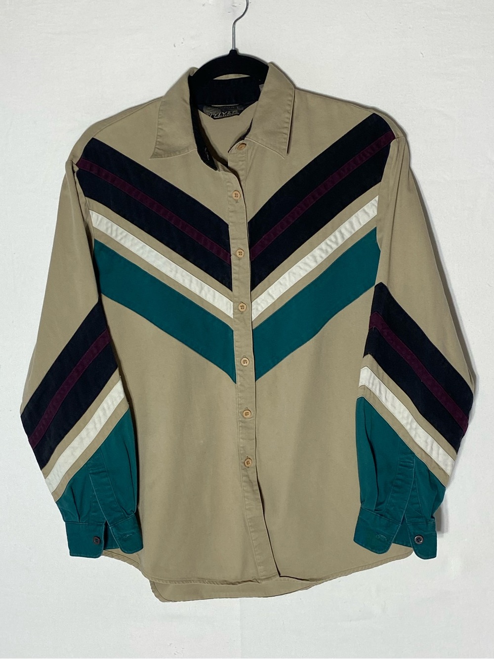 Vintage 90s Spindle River Khaki Teal  Chevron Long Sleeve Western Shirt M